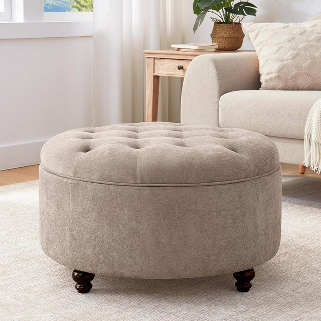 HUIMO 30-Inch Round Storage Ottoman, Modern Button Tufted Coffee Table with Removable Top, Upholstered Ottoman with Storage Footrest Stool for Living Room, Bedroom and Office(Brown)