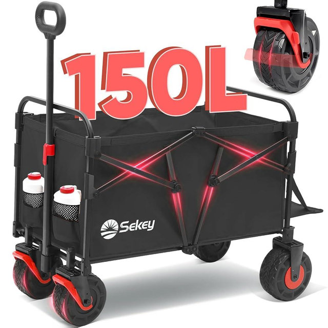 Sekey Wagon Cart with Big All-Terrain Beach Wheels, Collapsible Heavy Duty Extended Wagons with Taligate, Foldable Utility Carts for Camping, Garden, Outdoor, Grocery, Sports. Black