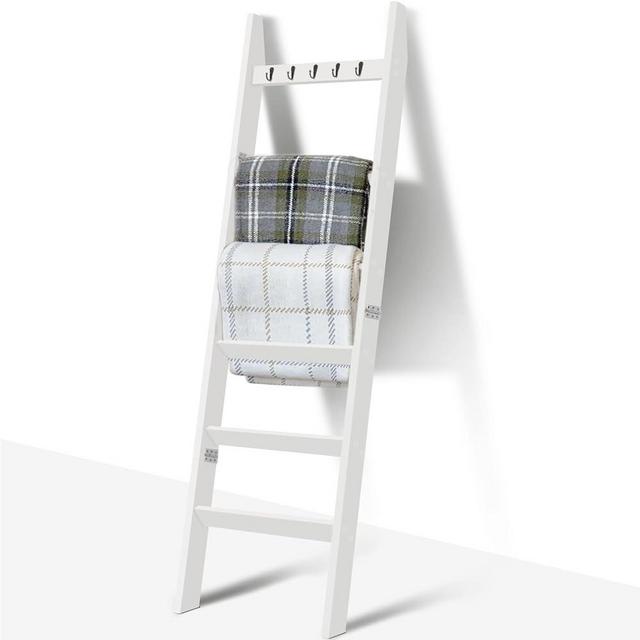 TEAKMAMA 6-Tier Blanket Ladder with Hooks, 5.4 Ft Wall Leaning Blanket Ladders for Living Room, Rustic Decorative Ladder for Blankets, Quilts, Farmhouse Decor Ladder Shelf, Easy to Assemble, White