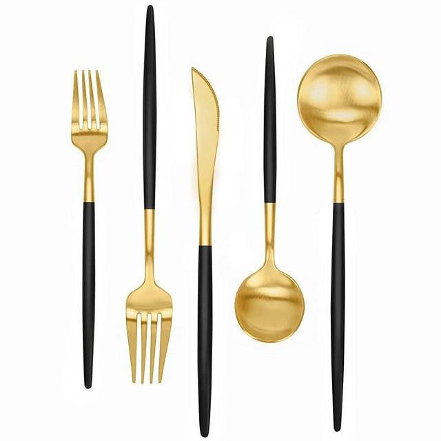 Matte Black and Gold Silverware Set 30 Pieces, FAMEWARE Stainless Steel Flatware Set Service for 6，Tableware Cutlery Set Satin Finished Polished & Dishwasher Safe