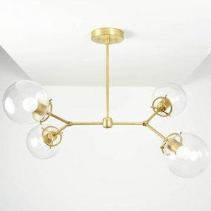 Modern Chandelier Raw Brass Gold 2 Arm 4 Bulb Light with clear globe Pinwheel Sputnik Mid Century Industrial Hanging Light UL Listed