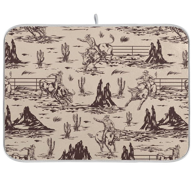 West Cactus Cowboy Dish Drying Mat for Kitchen Counter Absorbent Microfiber Drying Pad, Medium 16x18 in, Reversible Drainer Mats