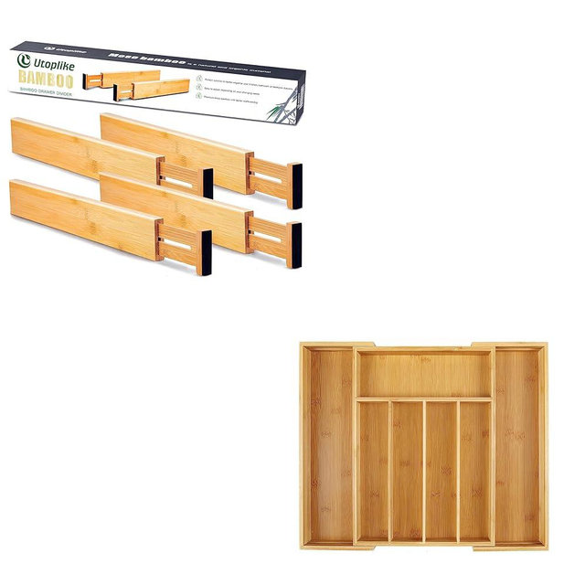 Utoplike 4 pcs Bamboo Kitchen Drawer Dividers(16.8-21.8IN) and Bamboo Cutlery Tray Silverware, Drawer Dividers for Kitchen Utensils