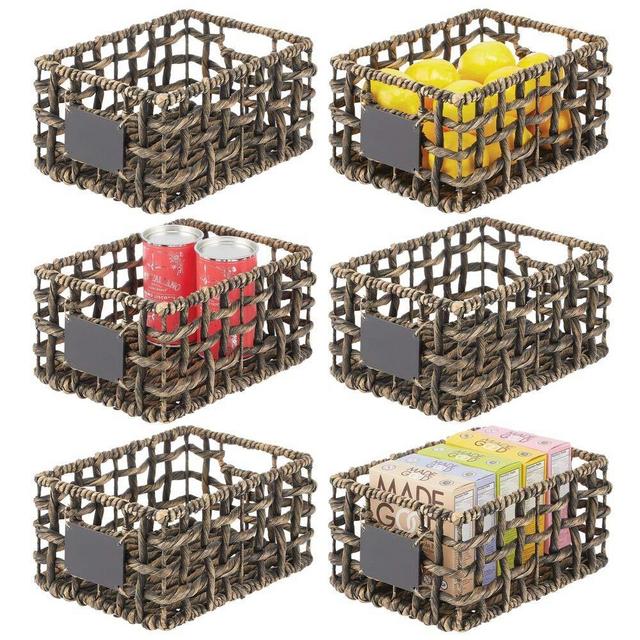 mDesign Water Hyacinth Open Weave Kitchen Cabinet Pantry Basket with Built-in Chalkboard Label for Snacks, Produce, Vegetables, Pasta - Food Safe - 6 Pack - Black Wash