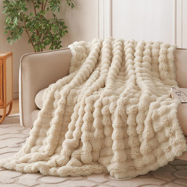 COOVA Faux Rabbit Fur & Flannel Throw Blanket 50x60 Inch - Luxury Fuzzy & Cozy Soft Blanket for All Seasons, Breathable and Comfortable for Bed, Sofa, Couch, and Camping,Light Taupe