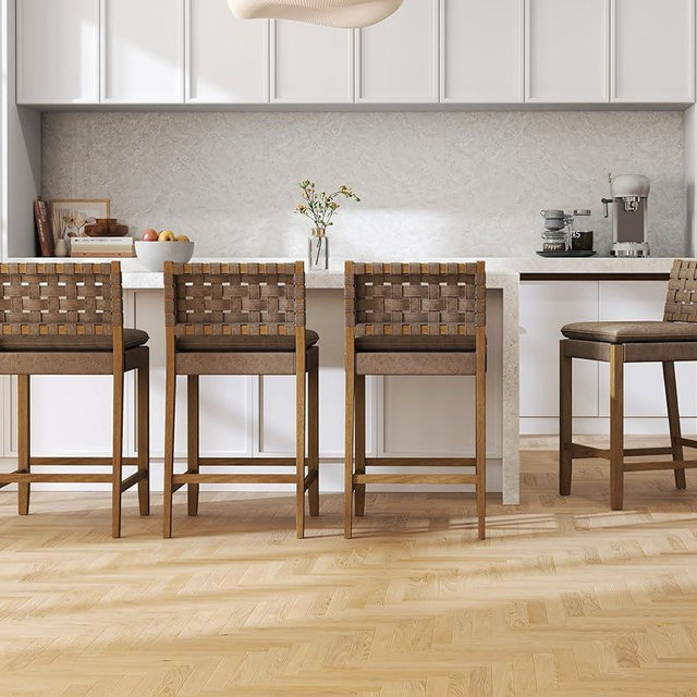 EALSON Mid Century Rattan Bar Stools Set of 4 Modern Farmhouse Barstools with Leather Woven Backs 26 Inch Wooden Counter Stool Breakfast Upholstered Bar Chairs for Kitchen Island, Brown