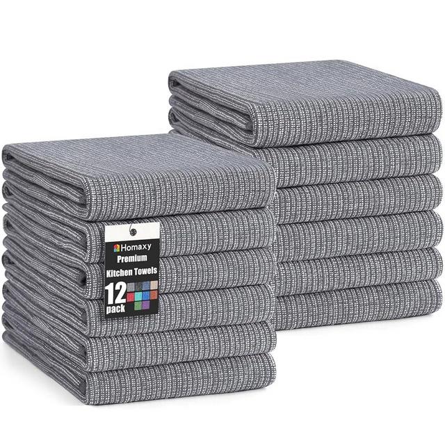 Homaxy Premium Kitchen Towels(18”x 28”, 12 Pack), Large Cotton Kitchen Hand Towels, Flat and Terry Dish Towels, 380 GSM Highly Absorbent Tea Towel Set with Hanging Loop, Grey
