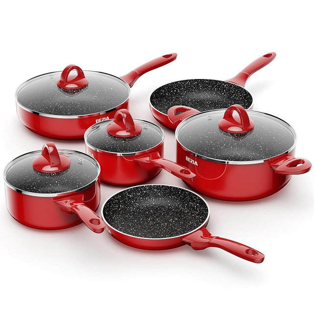 Induction Cookware Pots and Pans Set 10 Piece, BEZIA Dishwasher Safe Nonstick Cooking Pans Sets, Stay-Cool Bakelite Handle, Scratch Resistant Kitchen Sets with Frying Pans, Saucepans & Stockpot
