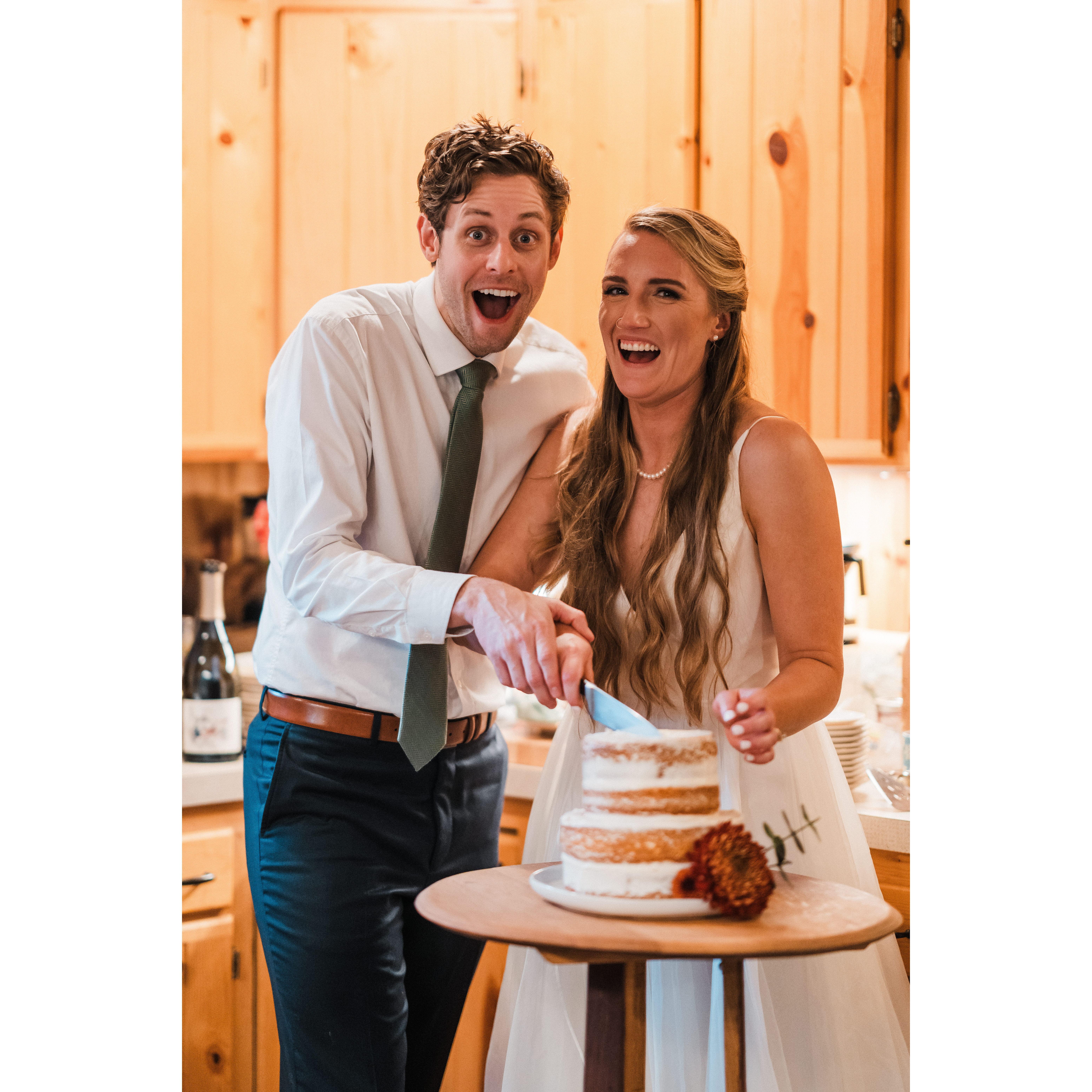Cutting the cake I made for our wedding.