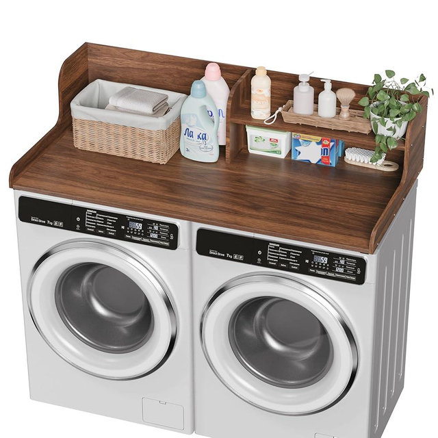 DTK Washer Dryer Wood Countertop with Shelf, Laundry Topper with Non-Slip Mat,27.55" Depth x 54" Width Dryer Covers for The Top with Edge Rails (Dark Walnut)