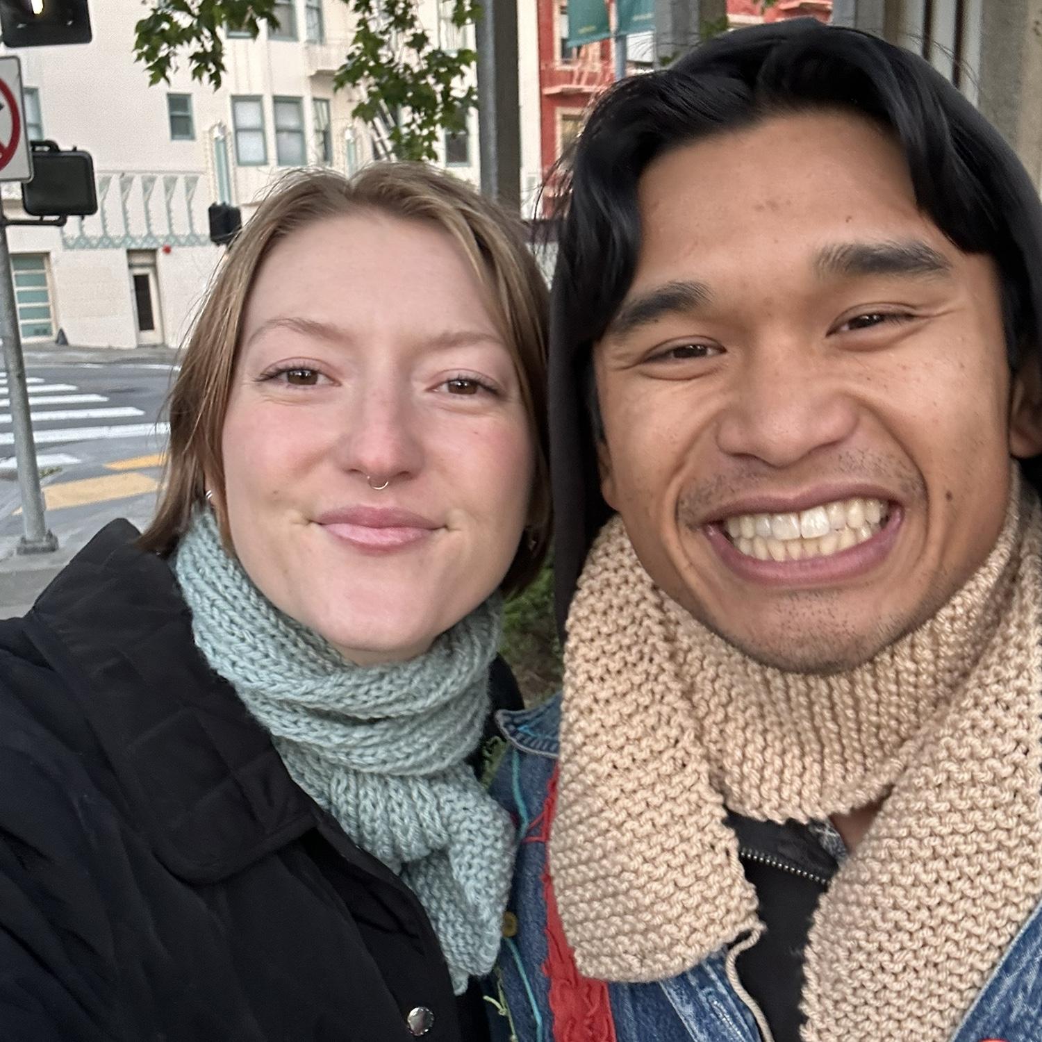 Sporting grandma's scarves that she knit just for us!