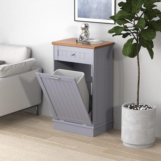 Betterhood Tilt Out Trash Cabinet 10 Gallon Wooden Free Standing Laundry Sorter Cabinet,Recycling Cabinet with Hideaway Drawer,Tilt Out Trash Cabinet Can Bin Kitchen (Grey)