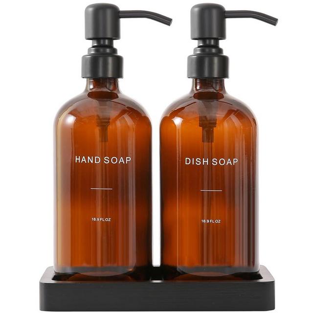 Prus Waso Amber Soap Dispenser Set, Soap Dispenser for Kitchen Sink with Black Stainless Steel Pump, Perfect for Kitchen Accessories Decor. (Amber)