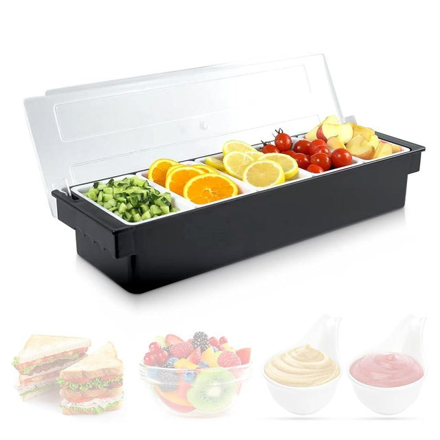 POWLAB Fruit, Veggie & Condiment Caddy with Lid, 5 Removable Compartments, Ice-Cooled Garnish Tray for Bartenders, Pizza Topping Organizer, Taco Bar Cooler, Portable Condiment Serving Tray