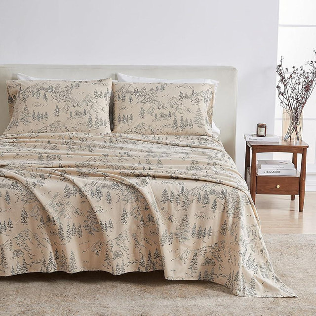 Great Bay Home Flannel Sheet Set King Size - 100% Turkish Cotton, Double-Brushed, Printed Bed Sheets - Ultra-Soft, Cozy, 4-Piece Bedding Set (Bear Mountain)