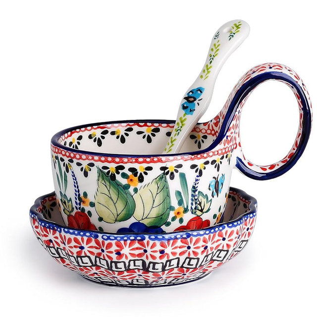 silesia Handmade Loop Handle Soup Bowl, Plate and Spoon Set Ceramic Hand Painted Cereal Bowl Great for Soup, Ice cream, Snack, Stew in Gift Box, Dishwasher & Microwave Safe, Polish Garden