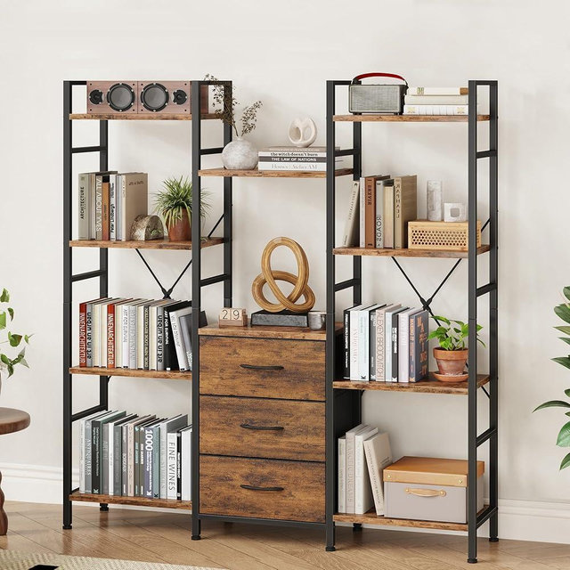 AFLUI Triple Bookshelf with 3 Fabric Drawers, Wide 4-Tier Book Shelf and 10 Display Shelves, Industrial Large Bookcase for Home & Office, Rustic Brown