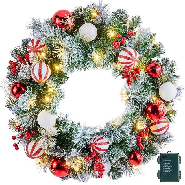Pre-Lit Artificial Christmas Wreath 24Inch, Christmas Door Decorations Wreath with 50LED Warm Lights, Christmas Balls, Pine Needles, and Red Berries for Front Door Wall Windows X-mas Ornament