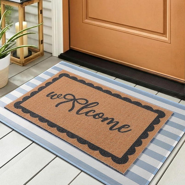 Tinideya 2 Pcs Blue Bow Welcome Doormat Layered Blue and White Striped Door Mat 23x35 Inch Coquette Non Slip Nature Coir Doormat for Front Door Porch Coquette Wedding Entryway Decor