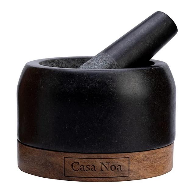 Casa Noa Mortar and Pestle Set with Wood Base - Heavy & Solid Polished Granite - 100% Natural, Large Guacamole Bowl, Stone Grinder, Molcajete Bowl, Anti-Scratch, 1.8 Cup Capacity, 5.8-Inch Pestle