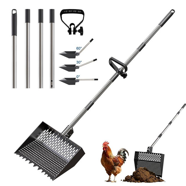 CNCNCR 2-in-1 Chicken Poop Scooper & Rake 12-Inch Large Metal Shovel Head Adjustable Stainless Steel Handle (24 to 64") Litter Sifting Shovel Cleaning Tools for Chicken Run, Animal Farm (Black)