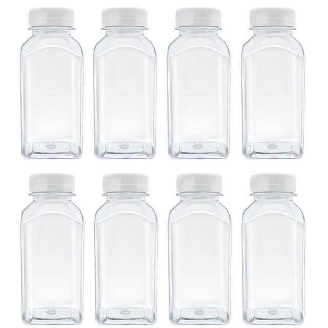 MYYZMY 8 Pcs 8 Ounce Plastic Juice Bottles, Reusable Bulk Beverage Containers for Juice, Milk and Other Beverages, White lid