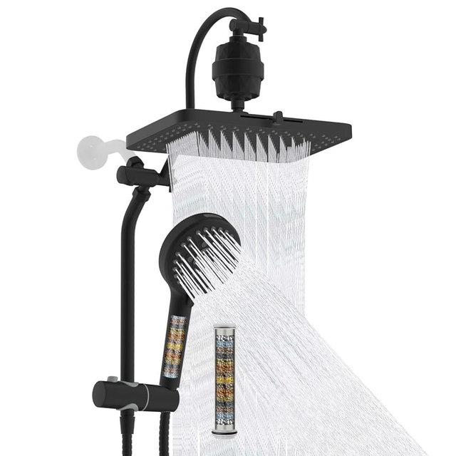 Hibbent 5-spray Filtered Rainfall Shower Head Combo, High Pressure 13'' Showerhead with 10 Spray Modes Handheld, All Metal 3 way Diverter Shower Arm, 71'' Hose and Holder, Matte Black