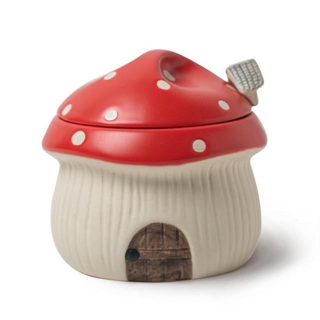 RESVUGA Ceramic Sugar Bowl with Lid & Spoon, Cute mushroom house design. Porcelain Seasoning Storage Jar, 14 Ounces. (Red)