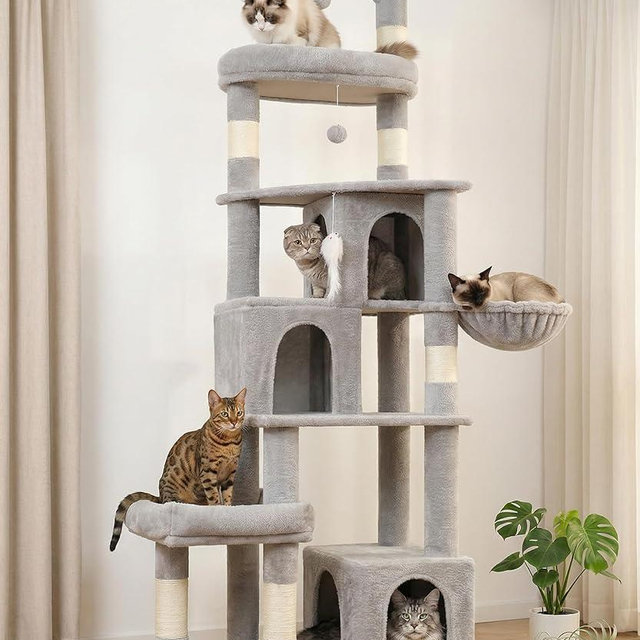 LIKISAK 74 Inch Heavy Duty Cat Tree for Large Cats, Multi-Cat Tower with 3 Condos, Tall Cat Condo with XL Platform, Hanging Basket & Sisal Scratching Posts, PMT04GY, Grey