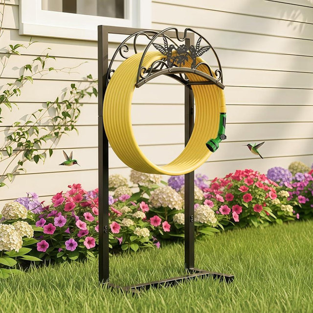 Garden Hose Holder - Upgraded Electrophoretic Coating Anti-Rust Graden Hose Storage Rack with Hummingbird Pattern Holds 150ft, Heavy Duty Garden Hose Hanger, Water Hose Holders for Outside Yard Lawn