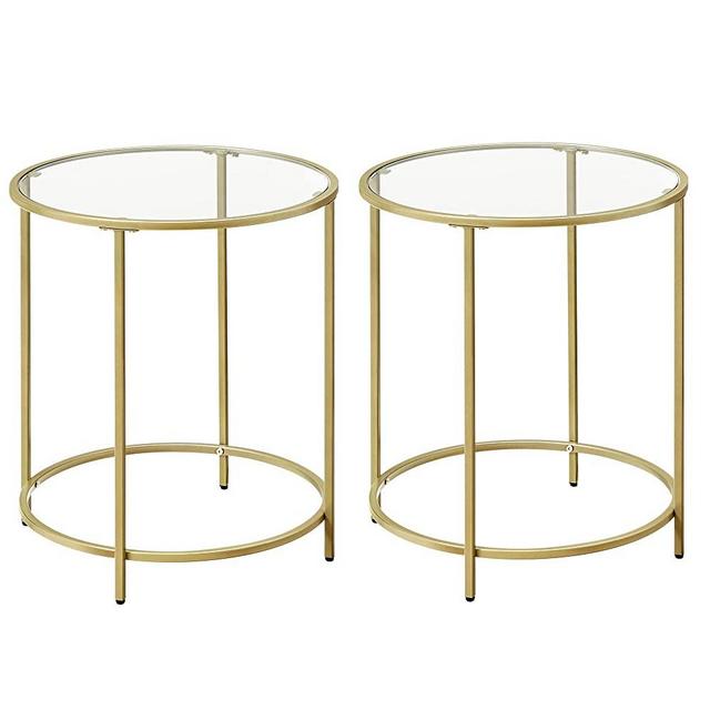 VASAGLE Round Side Tables, Set of 2, Glass End Tables with Steel Frame, Small Coffee Accent Tables, Bedside Tables, Modern Style, for Living Room, Balcony, Bedroom, Gold ULGT037A61