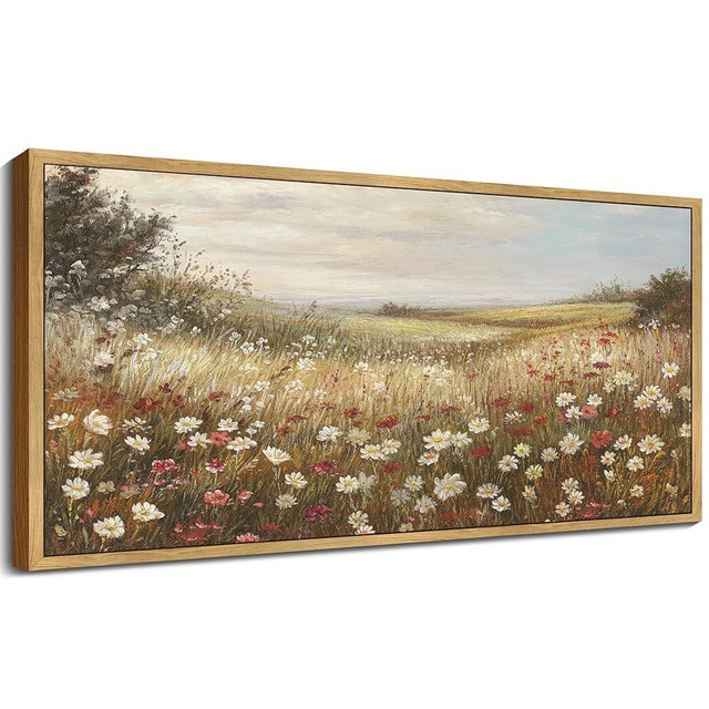 KUVIOKE Vintage Landscape Framed Wall Art 20x40in Large Grassland Meadow Wildflower Field Wall Prints Classic Retro Farmhouse Rustic Decorations for Living Room Bedroom (Natural Framed)