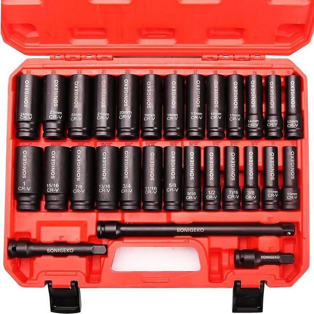 SONIGEKO 29-Piece 1/2" Drive Impact Socket Set - 6 Point Deep SAE & Metric CR-V Steel Sockets with 3", 5", 10" Extension Bar