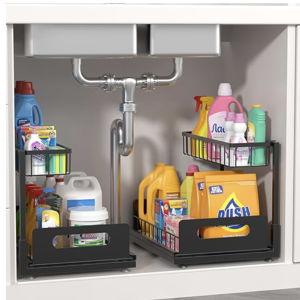 Under Sink Organizer 2 Tier, Pull Out Drawer Slides Under Sink Storage for Bathroom Kitchen,Multi-Purpose Drawer Under Cabinet Organizer for Cleaning Supplies (Black, 2 Pack)