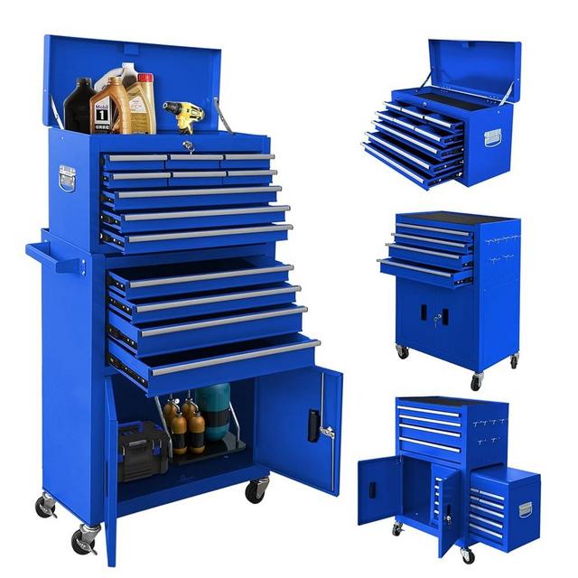 Sormols 13-Drawer Rolling Tool Chest with Double Doors, 2 in 1 Detachable Rolling Tool Chest Combo, Mobile Tool Cabinet with Drawers, Metal Large Lockable Tool Box for Garage Workshop (Blue)