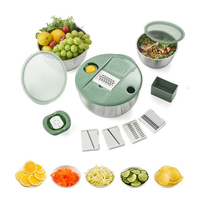 Stainless Mixing Bowls with Slicer, Set of 3 Steel Bowls with 5 different Vegetable Slicer, Julienne and Grater, Serving Bowls with Lids for Slicing,Mixing,Cooking,Baking & Food Storage (Green)
