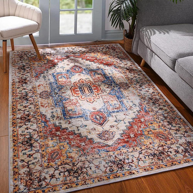 YJ.GWL Boho Area Rug 4x6, Persian Washable Bedroom Rug, Soft Oriental Distressed Accent Rugs for Living Room Entryway Dining Room, Non-Slip Non-Shedding Low-Pile Floor Carpet, Orange