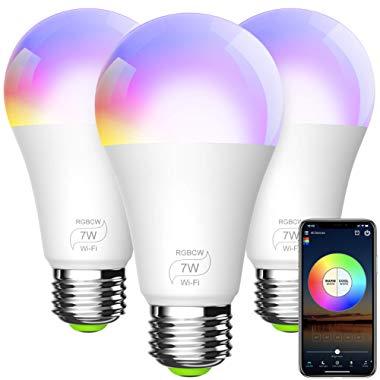 BERENNIS Smart Light Bulb, A19 E26 RGBCW WiFi Dimmable Multicolor LED Lights, Compatible with Alexa, Google Home and IFTTT (No Hub Required) 7W (60w Equivalent) 3 Pack