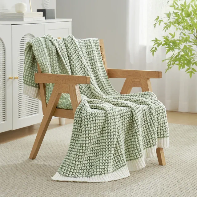 Amelie Home Reversible Chenille Waffle Knit Throw Blanket Soft, Lightweight & Cozy , Sage Green & Ivory