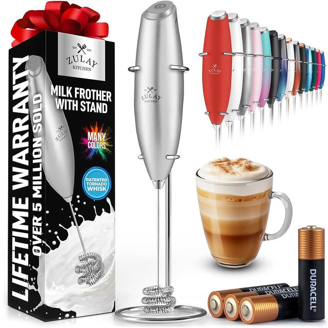 Zulay Kitchen Tornado Whisk Milk Frother with 4 AA Duracell Batteries - Triple Whisk for More Power - Handheld Coffee Frother with Stand - Drink Mixer for Lattes, Matcha & Protein Shakes