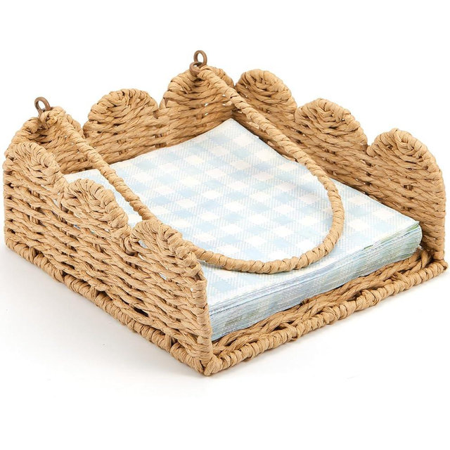 Cinnvoice Scalloped Napkin Holder with Weighted Arm, Square Wicker Napkin Holder, Woven Boho Cocktail Towel Basket, Rustic Decorative Towel Tray for Table 7.5" x 7.5" x 2.5"(Paper Rope)