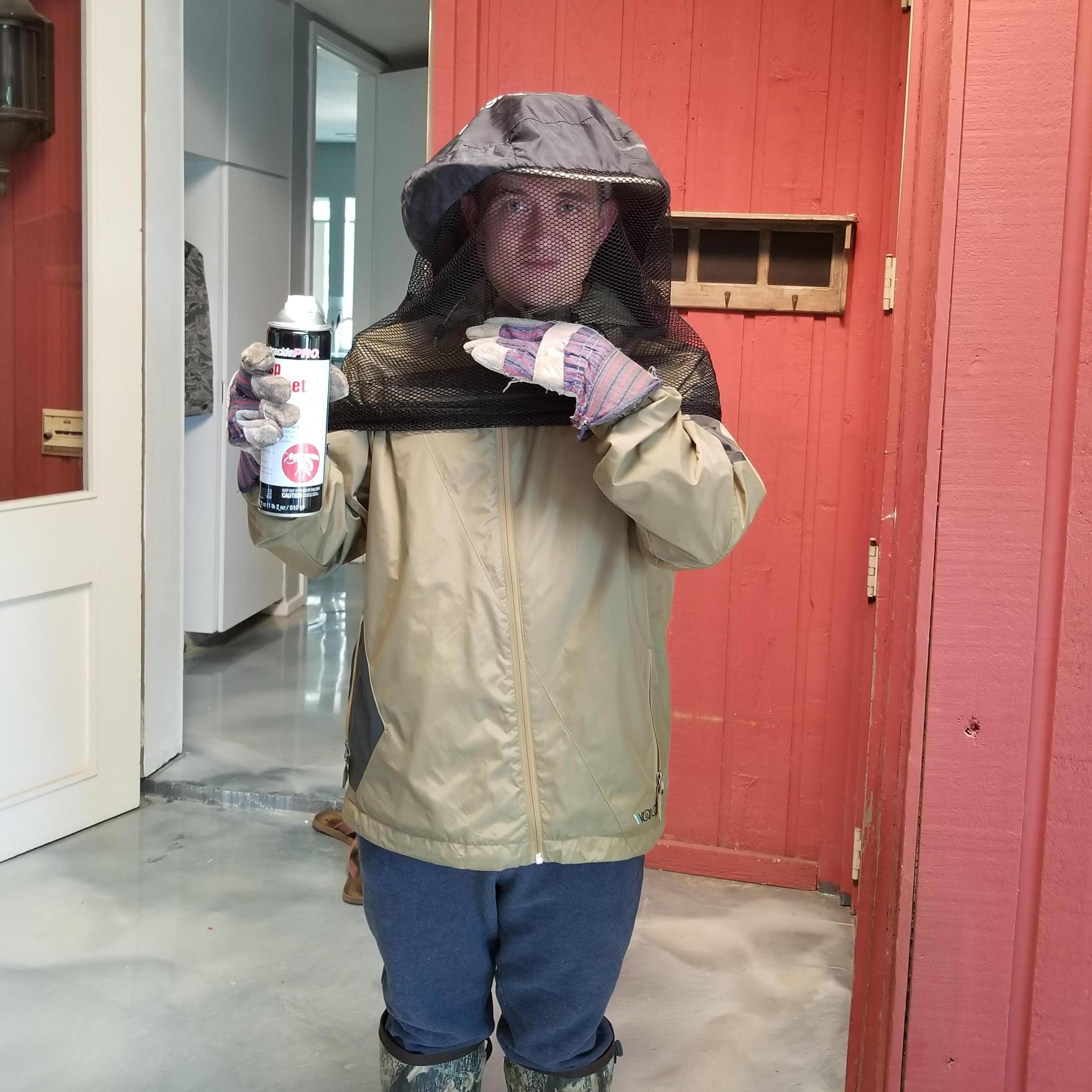 Wasp spray, fishing hat, and laundry net over face...check!  Colt 1, wasp hive 0