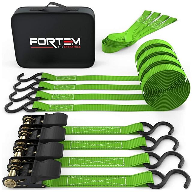 FORTEM Ratchet Tie Down Straps, 4X 15ft Securing Straps, 4X Soft Loops 1500lb Break Strength, Rubber Coated Metal Handles, Plastic Coated Metal Hooks, Carrying Case (Green)