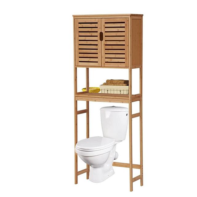 kinbor Over The Toilet Storage - Bamboo Multifunctional Bathroom Cabinet with Adjustable Shelf and 6 Hooks, Space Saver Double Door Organizer, Freestanding Above Toilet Rack, Natural
