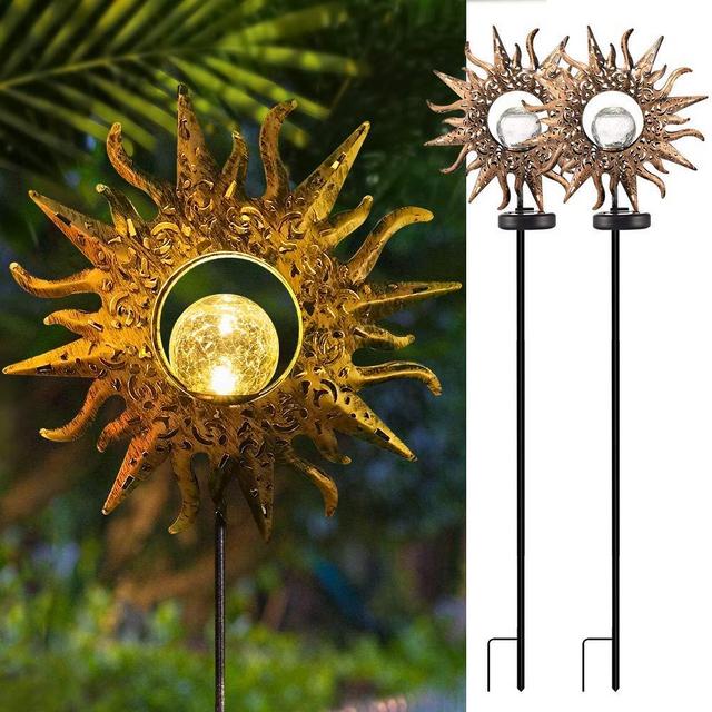 Solar Lights Outdoor Decorative, Eoyizw Solar Garden Lights 2 Pack Metal Sun Crackle Glass Globe Stake Waterproof Garden Decor for Outside Lights Pathway, Porch, Landscape Ornament