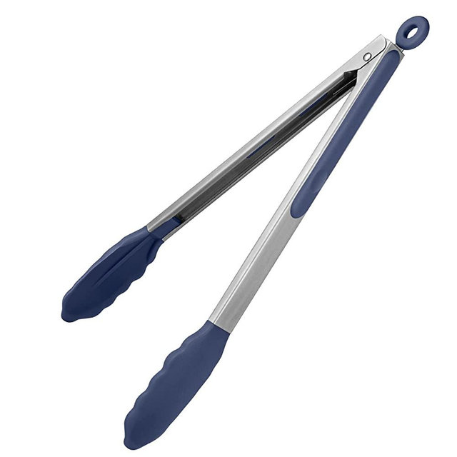 600℉ Heat Resistant Kitchen Tongs: U-Taste 12 inch Large Silicone Cooking Tong with Non Stick Rubber Tips & Silicon Coated 18/8 Stainless Steel Handle & Smooth Lock for Serving Grill (Midnight Blue)