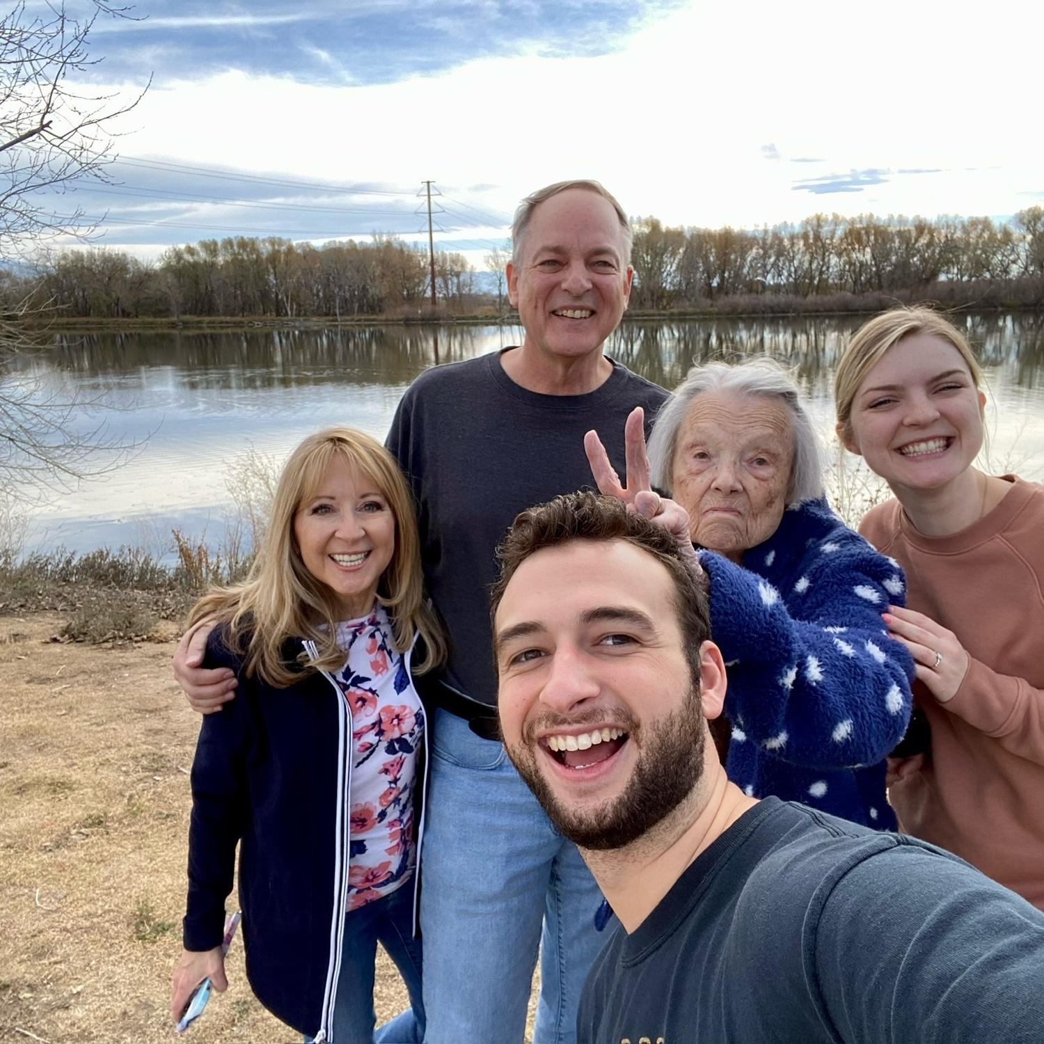Grandma Blendermann coming in with the bunny ears as we visit her in Colorado. Still not sure if this was as a joke because she likes James or if it's her expressing disapproval.