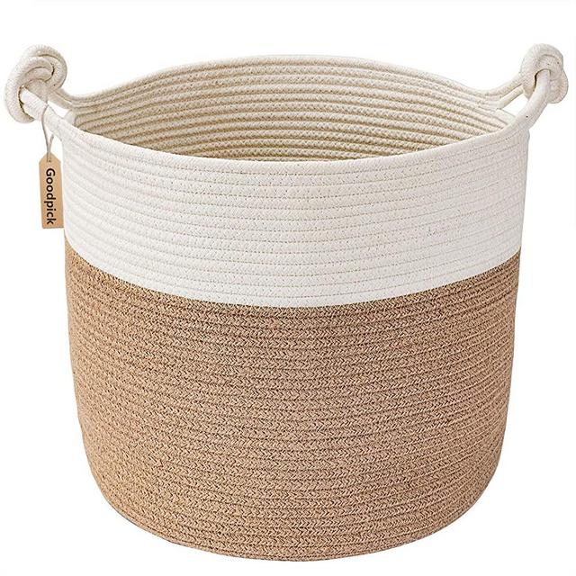 Goodpick Cotton Rope Basket with Handle for Baby Laundry Basket Toy Storage Blanket Storage Nursery Basket Soft Storage Bins-Natural Woven Basket, 15'' × 15'' × 14.2'', Jute