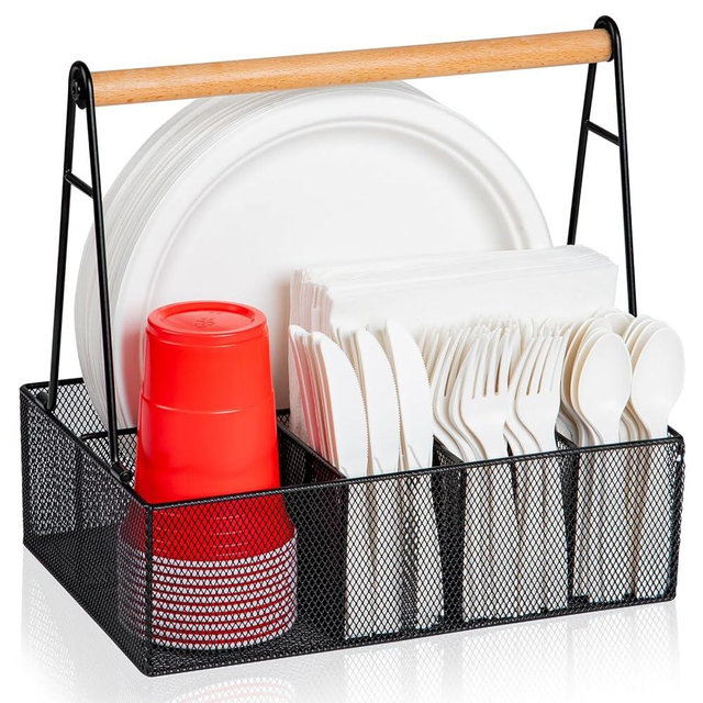 Paper Plate Organizer with Handle for Countertop, Metal Silverware Caddy for Plate, Cup, Napkin, Fork and Spoon, Paper Plate and Utensil Holder, Cutlery Caddy for Party, Camping, Picnic (Black)