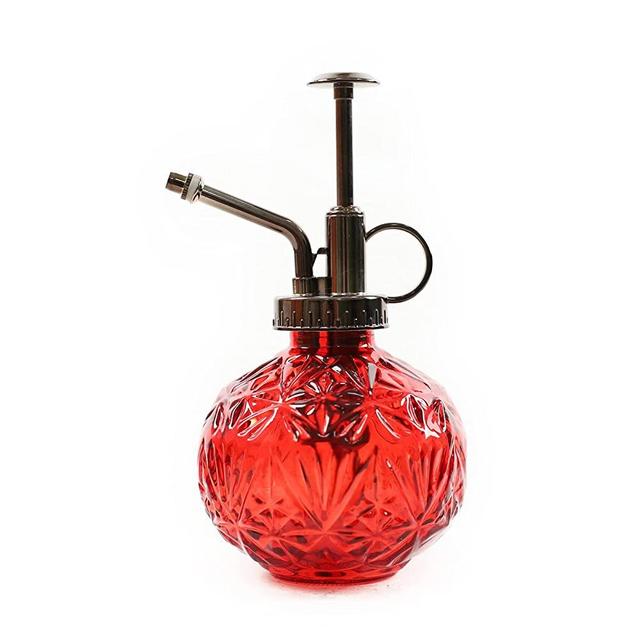 Hniuyun Glass Plant Mister Spray Bottle, 6.5inch Tall Vintage Round Spritzer with Bronze Plastic Top Pump for Watering Your Garden (Red)